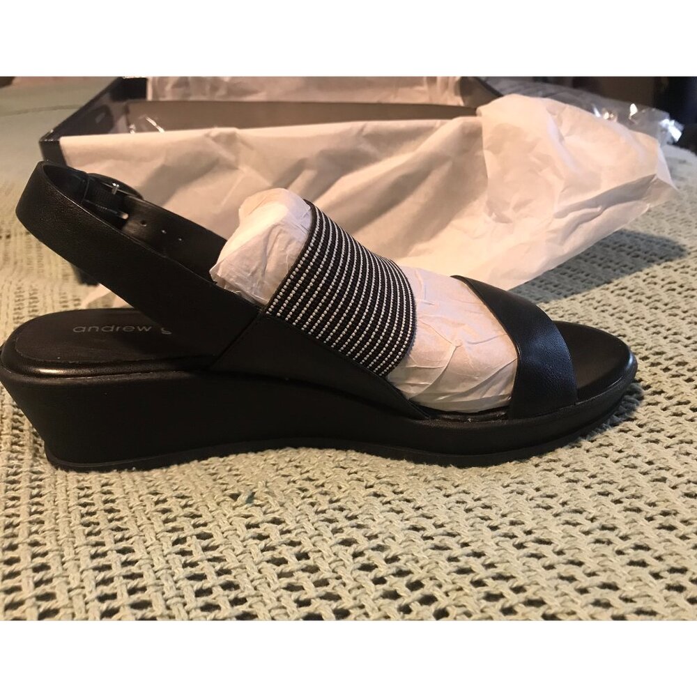 Black Wedge Sandals, with a black & white stripe upper